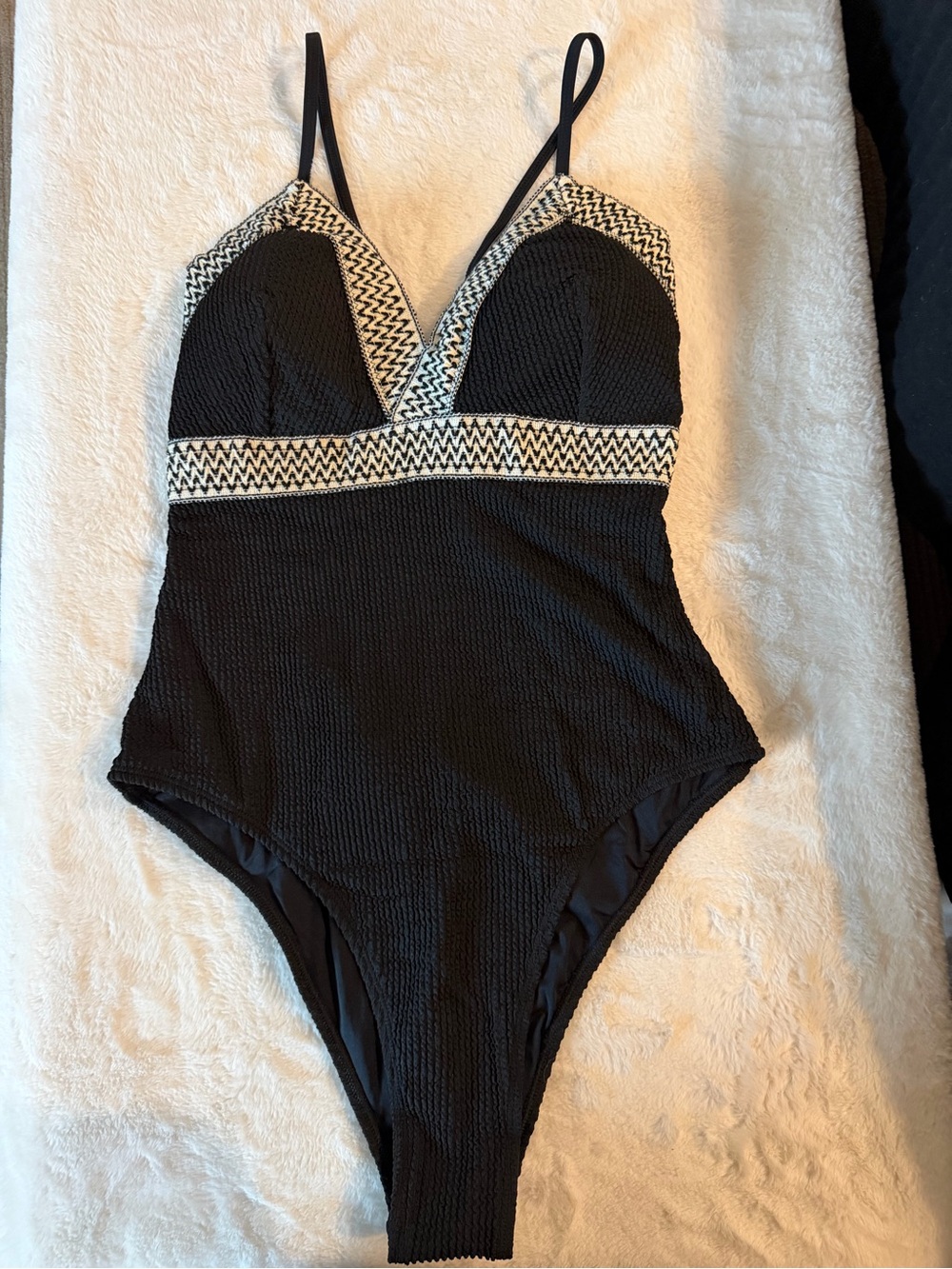 NWT Cupshe Black One-Piece Swimsuit with White Chevron Detail
